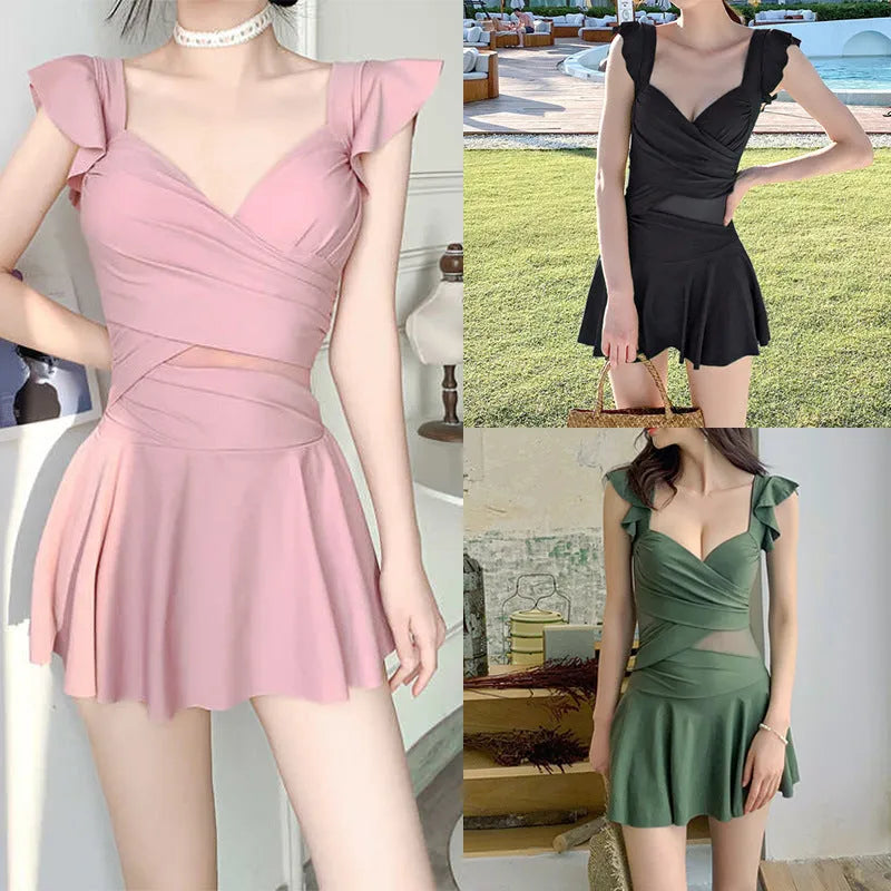 Women's one-piece solid colour French swimsuit in milk silk fabric, available in black, green, and pink, sizes S-XL