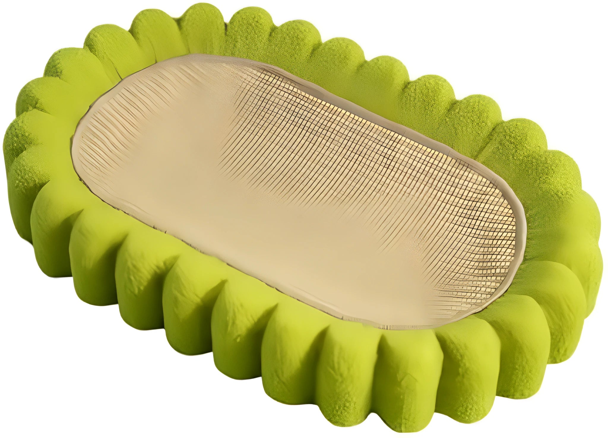 Green oval cat scratch pad bowl measuring 650mm serving as scratching board and cat bed