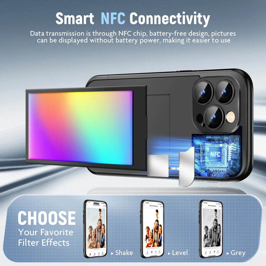 Flip phone case for iPhone 15 Pro and Pro Max with NFC ink screen in black plastic