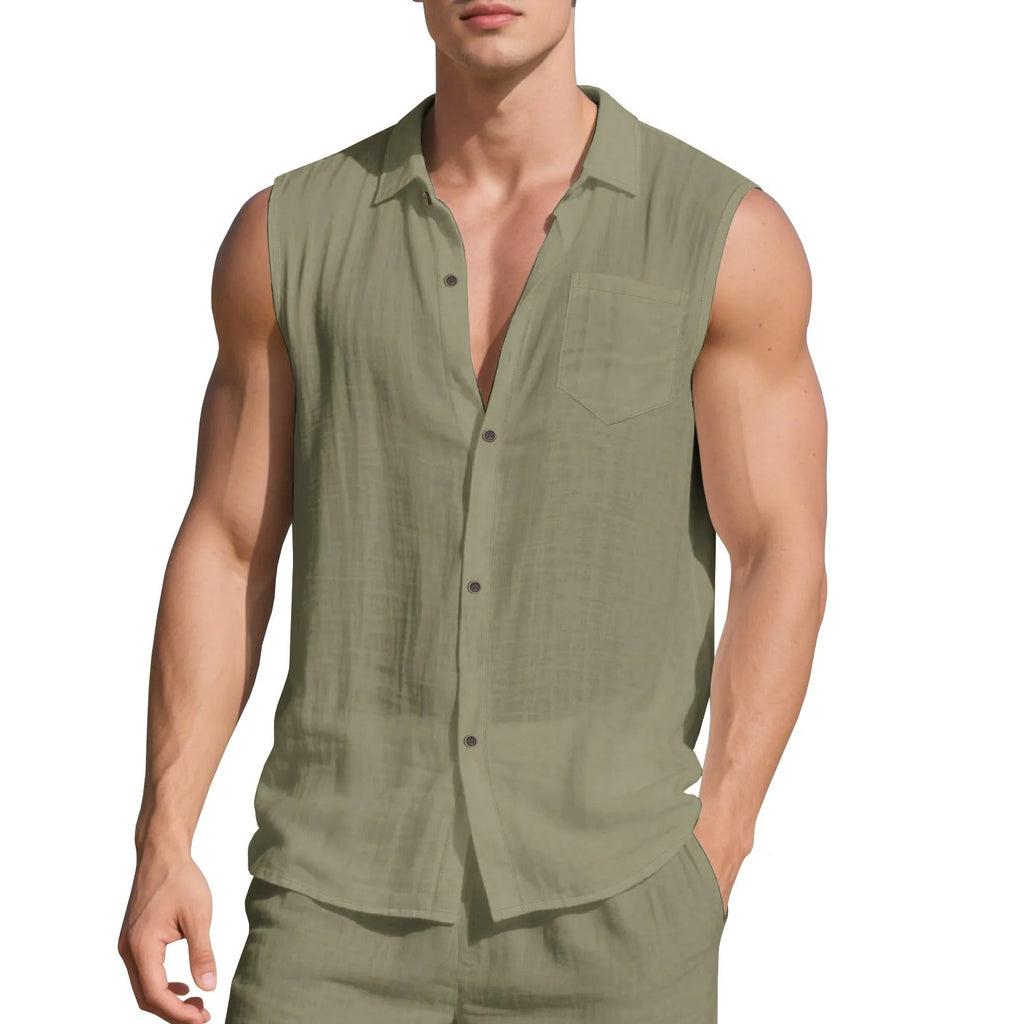 Sleeveless linen polo collar cardigan vest in light blue, loose fit, on a white background