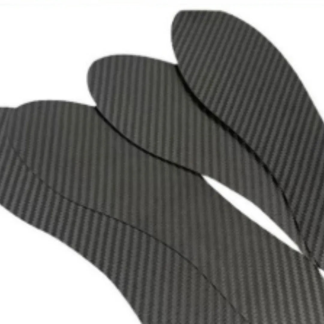 Black carbon fibre running insoles showing full palm design with thickness options from 0.8mm to 1.2mm