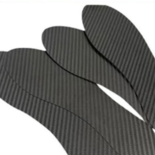 Black carbon fibre running insoles showing full palm design with thickness options from 0.8mm to 1.2mm
