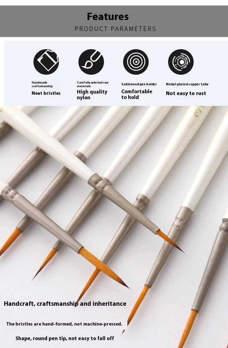 Set of 12 Pearl White handled artist paint brushes with nylon wool heads, sizes 000 to 4/0.