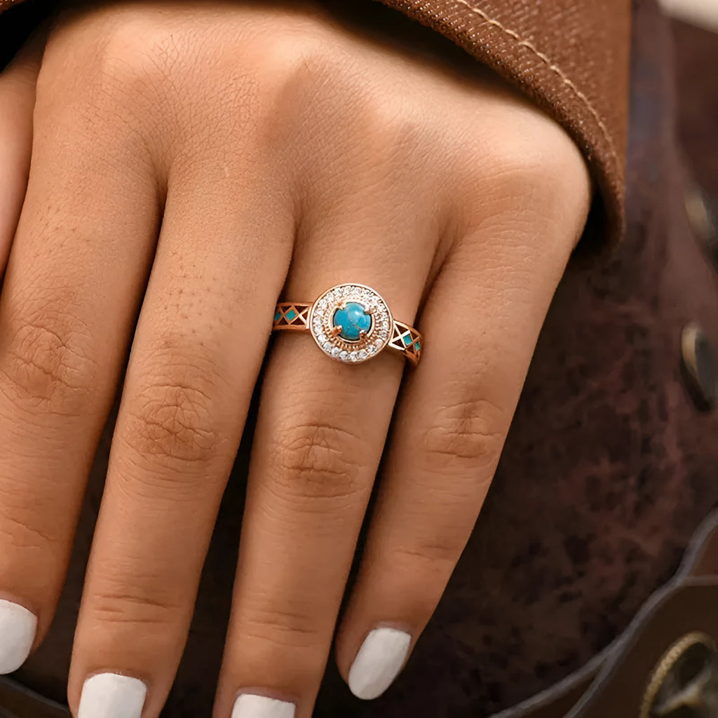 Women's ethnic geometric ring with turquoise accents and rose gold finish on copper