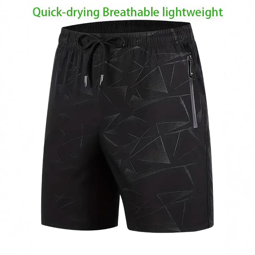 Men's loose printed sports shorts in black, blue and grey colours with Asian sizing guidance
