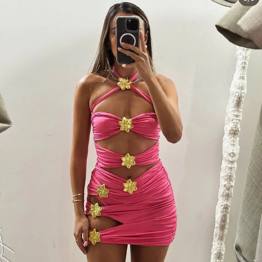 Women's solid colour one-piece swimsuit with detachable short skirt, shown in a high-waist style with a hollow-out tube top.
