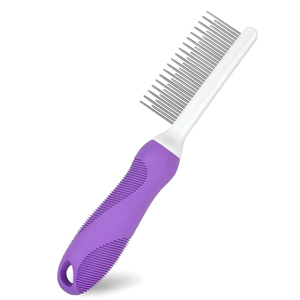 Purple pet grooming comb with stainless steel teeth for detangling cat and dog fur