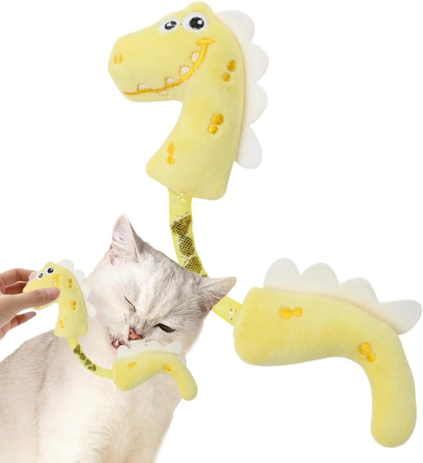 Four-piece cat toy set with rope, springs, and kicker toys in pink, purple, and yellow colours.