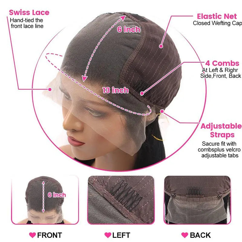 Straight black human hair wig with 13x6 lace front construction on display