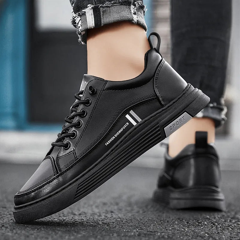 Men's microfiber skateboard shoes with rubber sole and elastic band closure in white or black