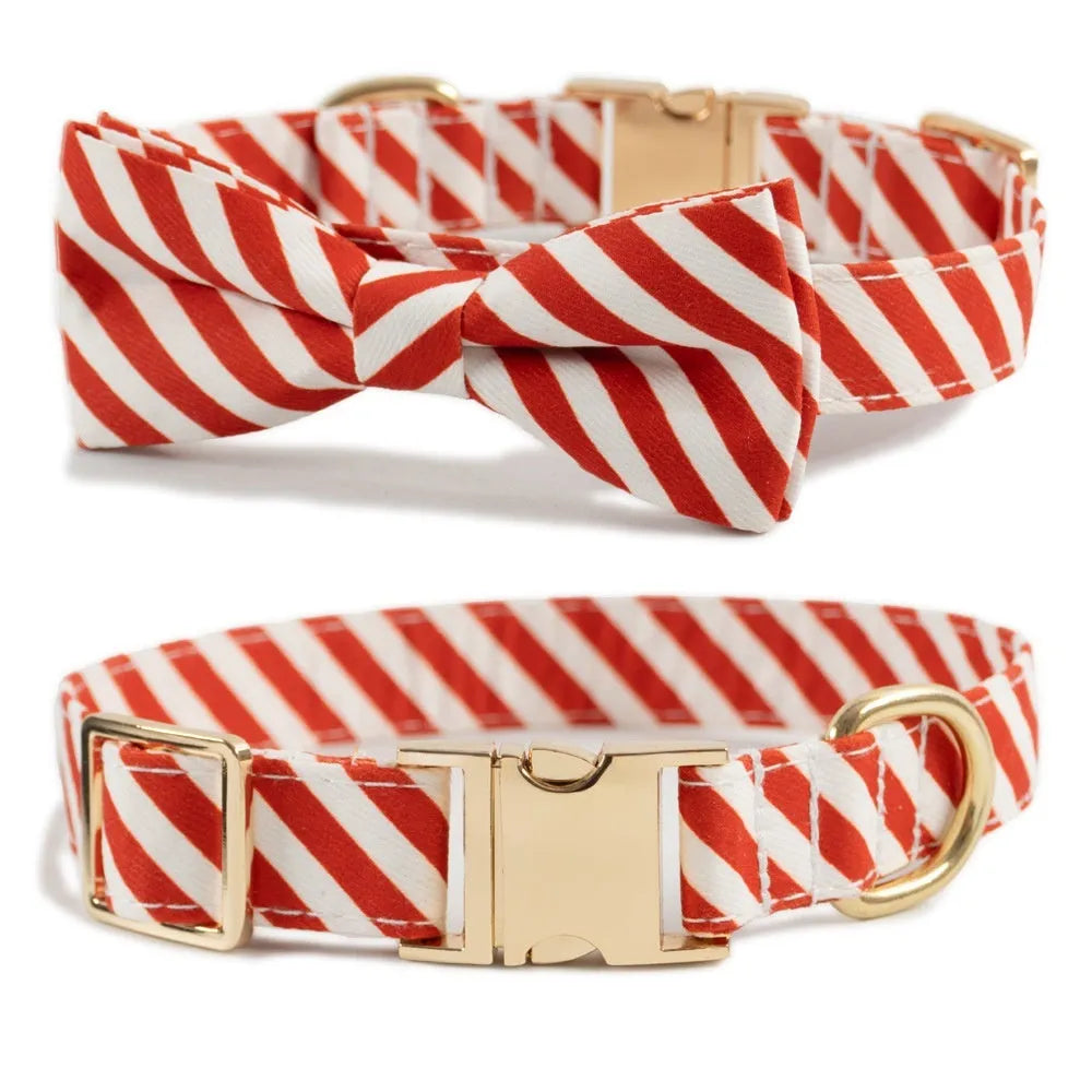 Striped polyester dog collar in Candy Green with bow knot, adjustable neck size for small to large dogs