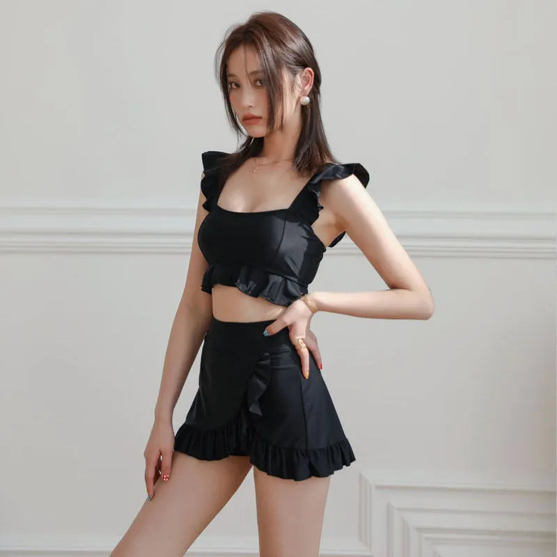 Black nylon split swimsuit for women, briefs style, sizes M L XL