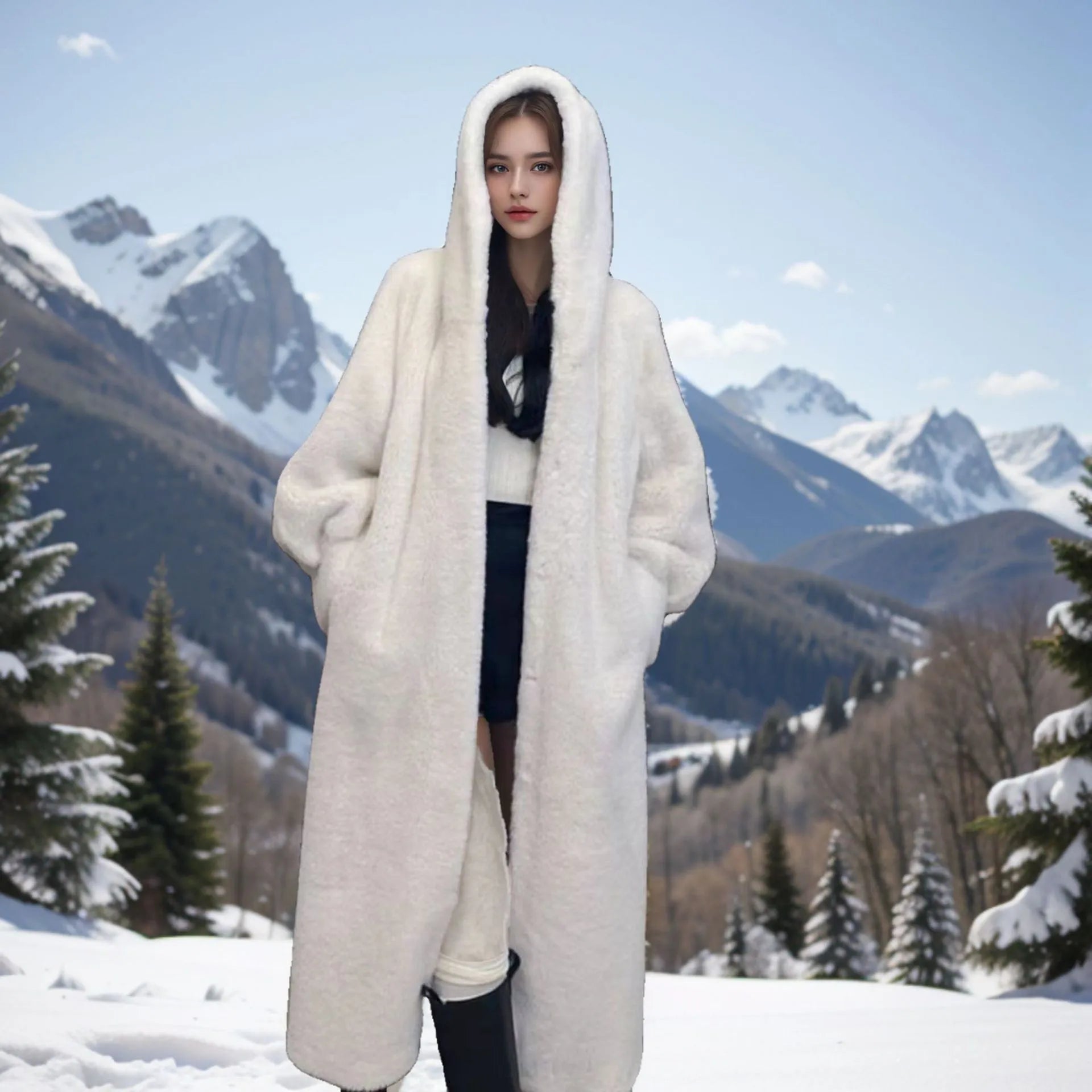 Long brown leopard print faux fur coat on a model, showing its loose fit and 100cm length.