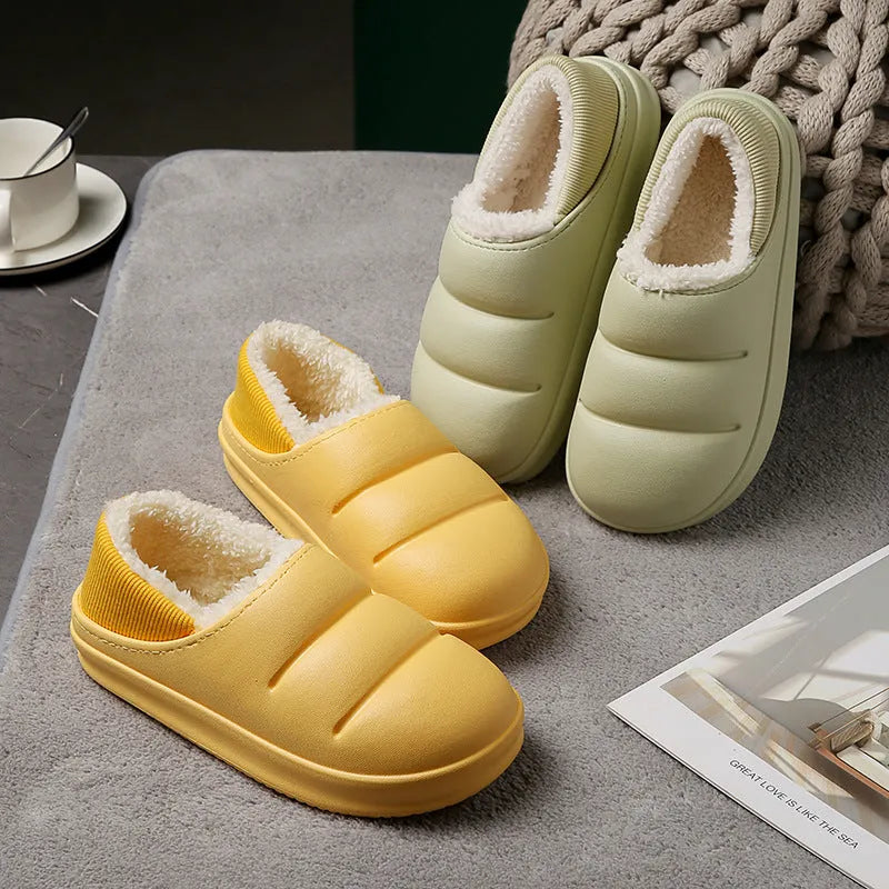 Women's waterproof EVA winter house slippers in multiple colours with plush lining and non-slip sole.
