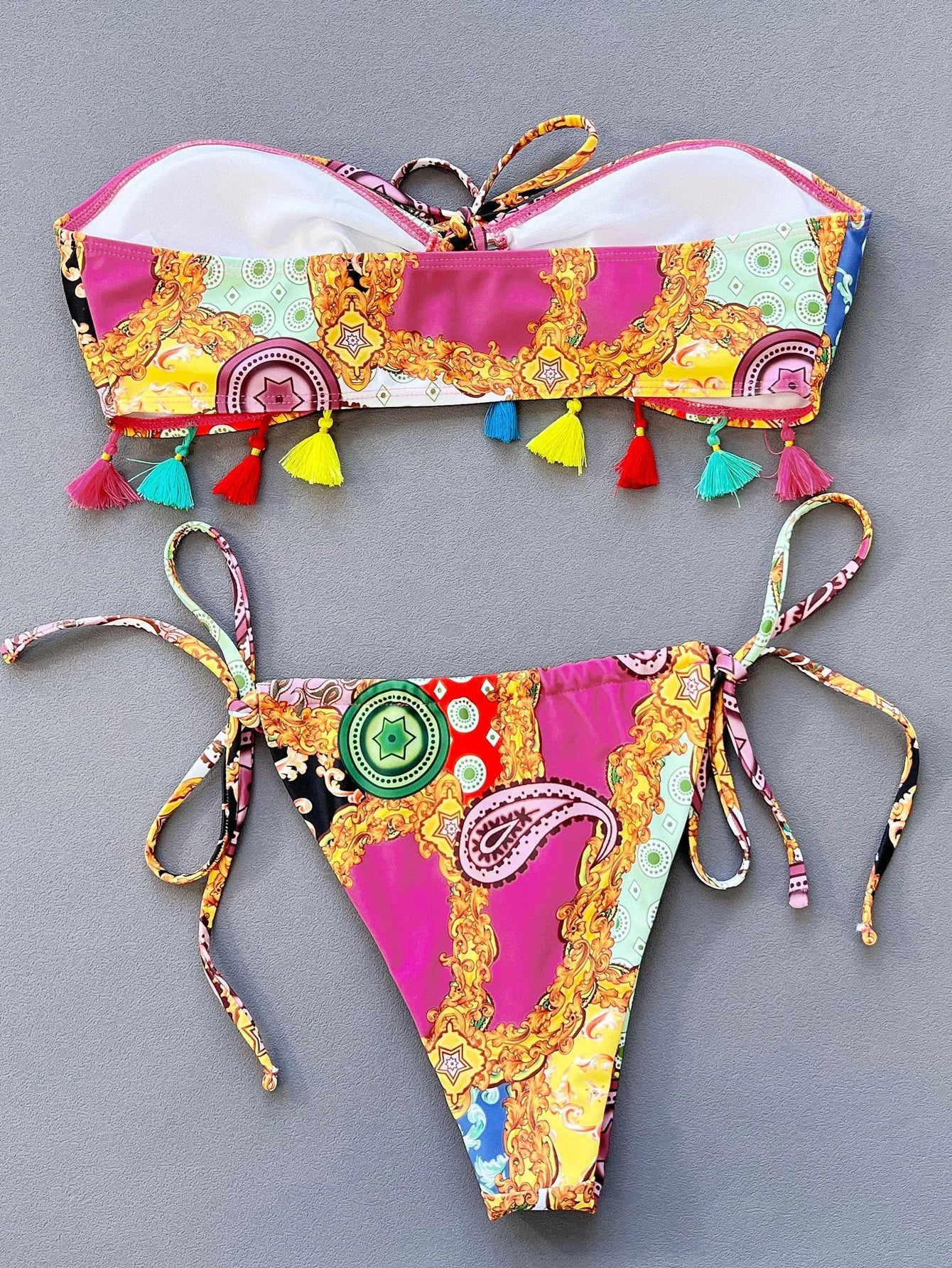 Women's printing pattern separated bikini set with tube top and briefs for swimming
