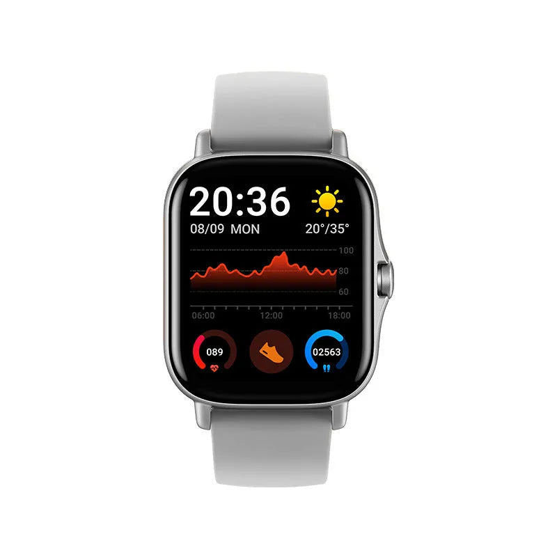 GT20 smartwatch with alloy case and silicone strap showing heart rate monitoring on screen.