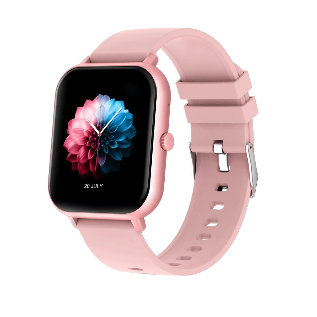 Bluetooth smart watch with heart rate monitor and step counter in black, silver, pink, or khaki colours