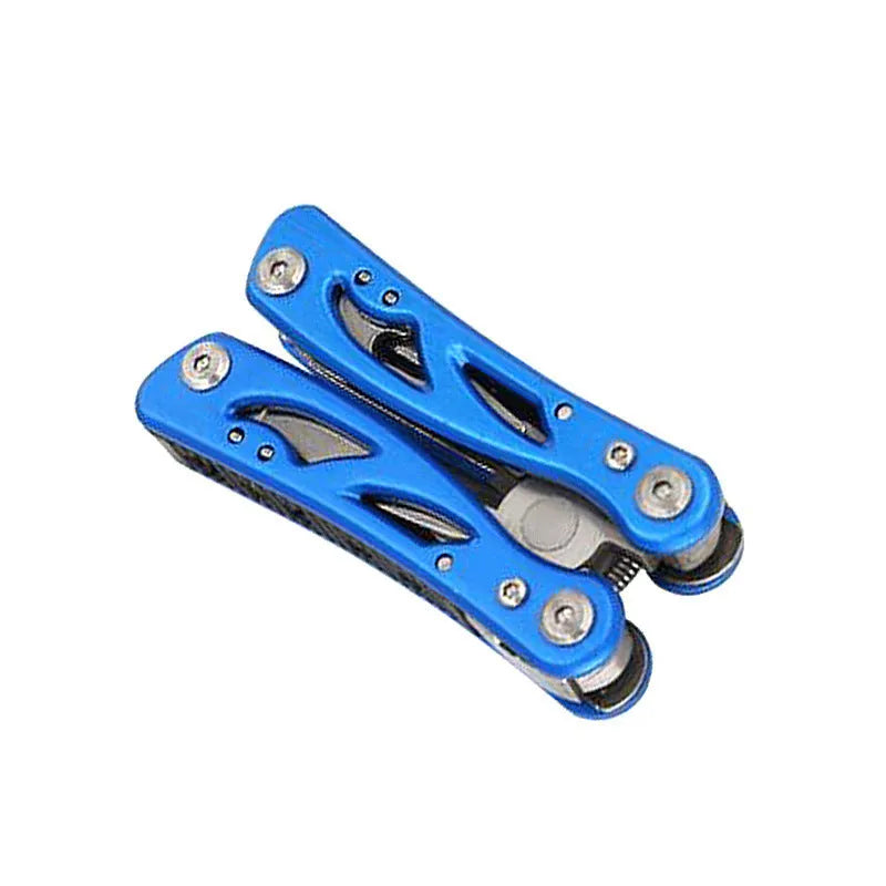 Blue multi-function pliers fruit knife folded on Oxford bag, 125mm length, stainless steel 420 and aluminium build