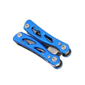 Blue multi-function pliers fruit knife folded on Oxford bag, 125mm length, stainless steel 420 and aluminium build
