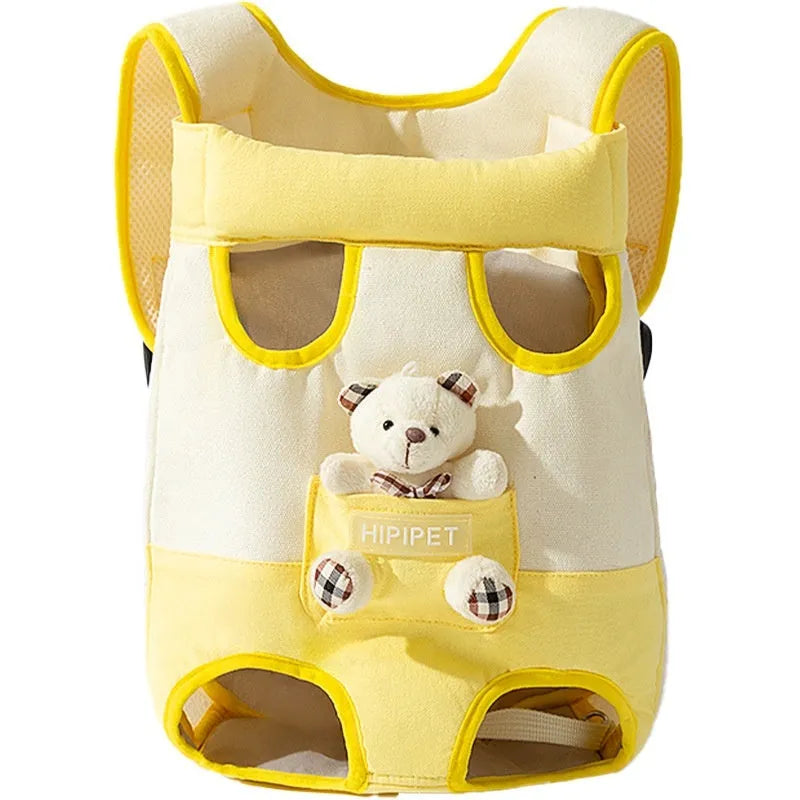 Cartoon Beka yellow bear design soft canvas pet carrier chest bag with ribbon handles.