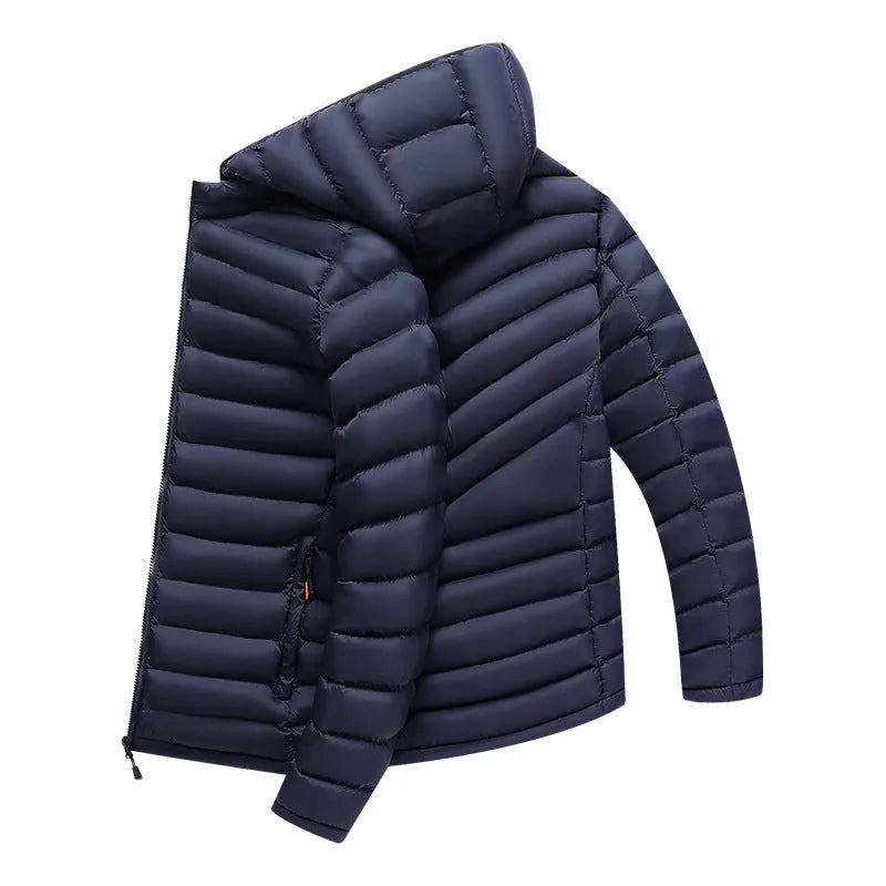 Men's lightweight hooded down jacket in army green with a detachable collar and front zipper.