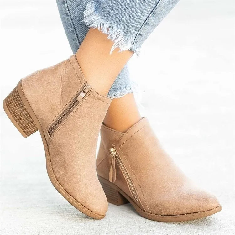 Women's low heel side zipper ankle boots in suede leather – pointed toe, thick heel, available in blue
