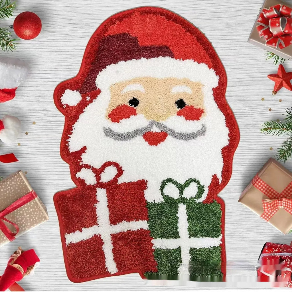 Christmas-themed hallway runner mat with printed geometric and festive patterns on polyester pile