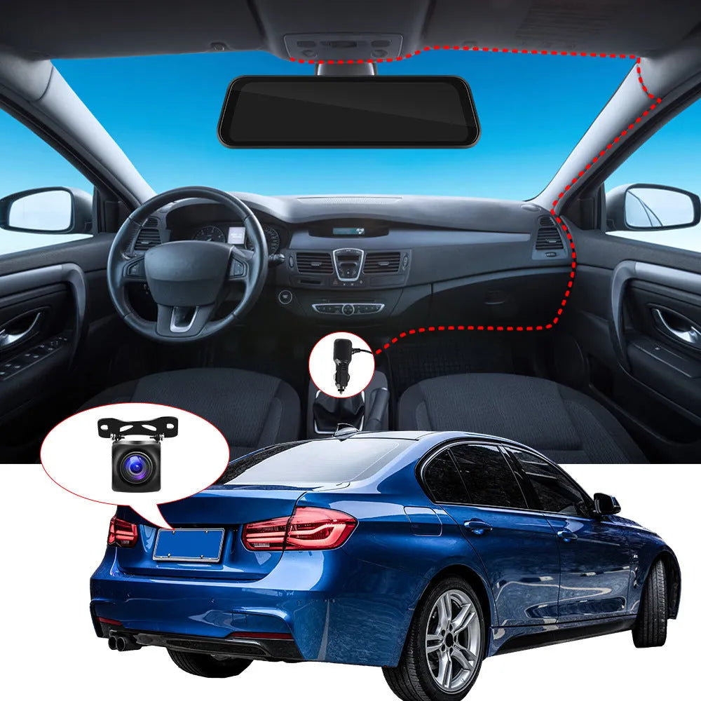 HD wired 9.66-inch driving recorder with touch screen, CarPlay, and Android Auto on a car windscreen