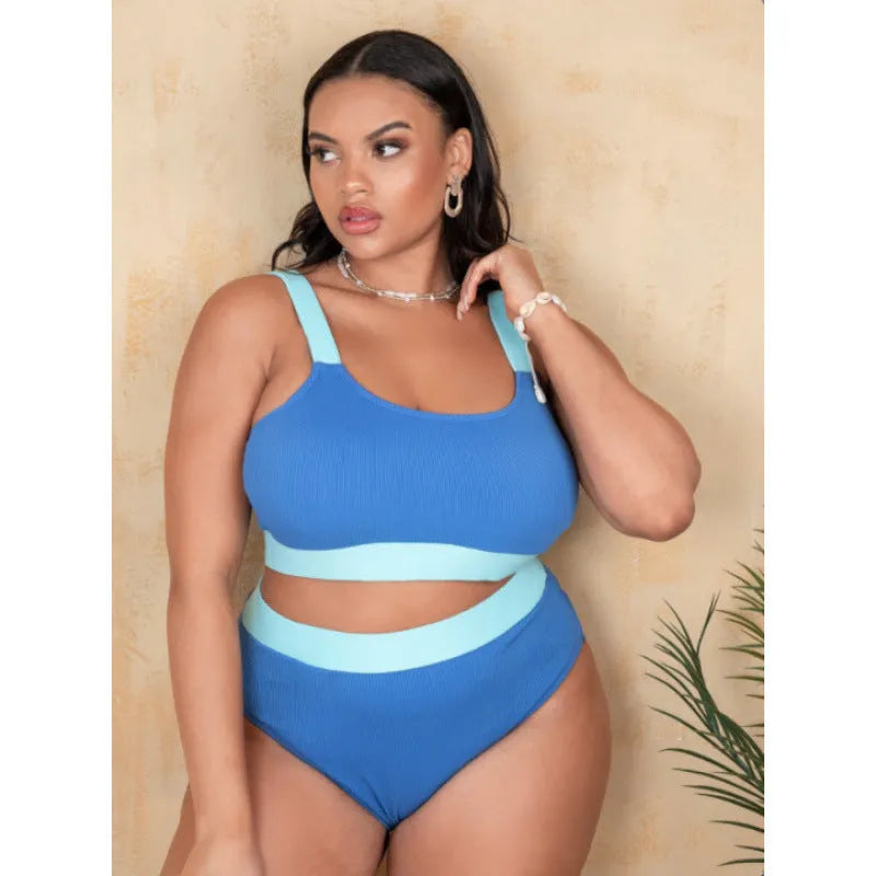 Women's polyester high-waist bikini swimsuit set in picture colour showing stitching details