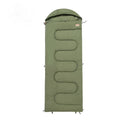 Cotton camping sleeping bag quilt in ochre or olive green colour, showing ultra-light portable design