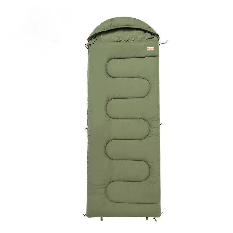 Cotton camping sleeping bag quilt in ochre or olive green colour, showing ultra-light portable design