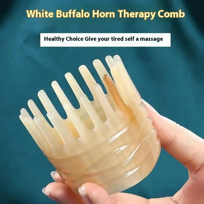 Natural white buffalo horn comb with wide teeth and pointed tip for traditional Chinese meridian scalp massage