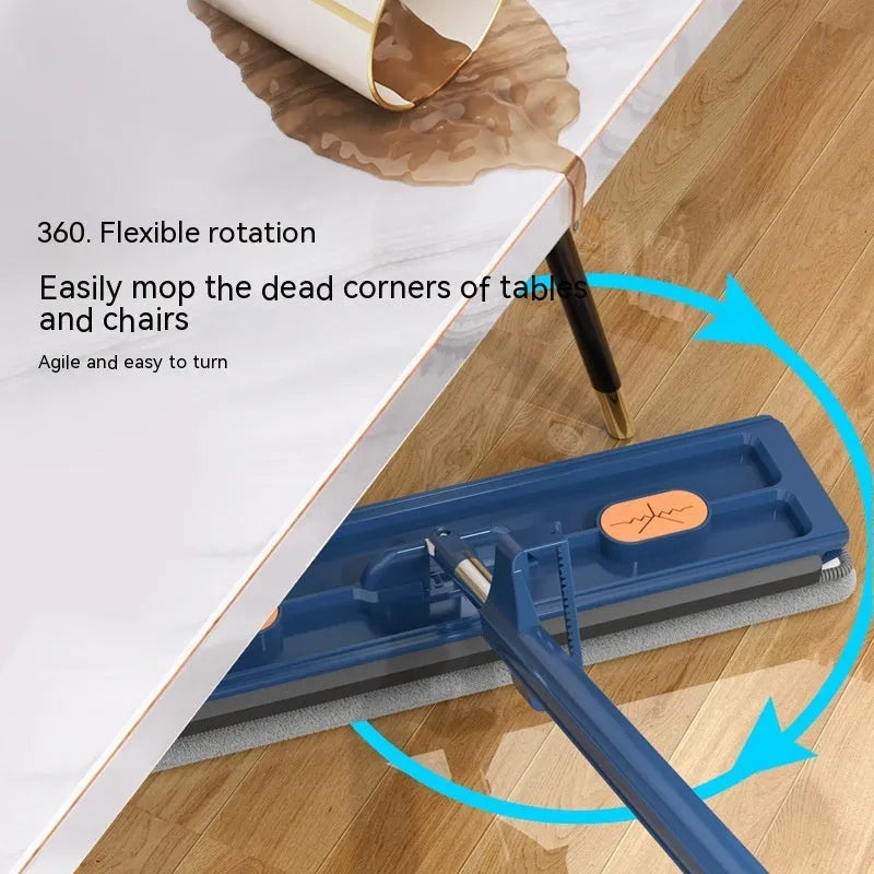 Large flat mop with rotating blue head on stainless steel handle next to white and blue cleaning cloths