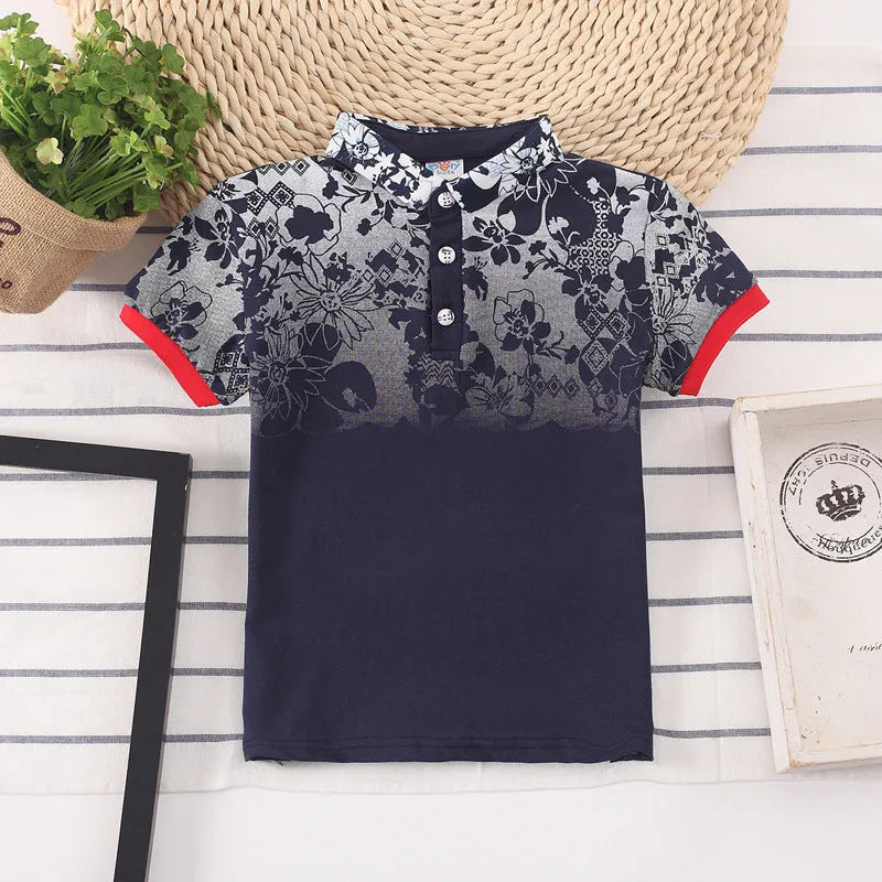 Boys short sleeve cotton t-shirt with lapel collar in solid colours red, grey, navy, or white.