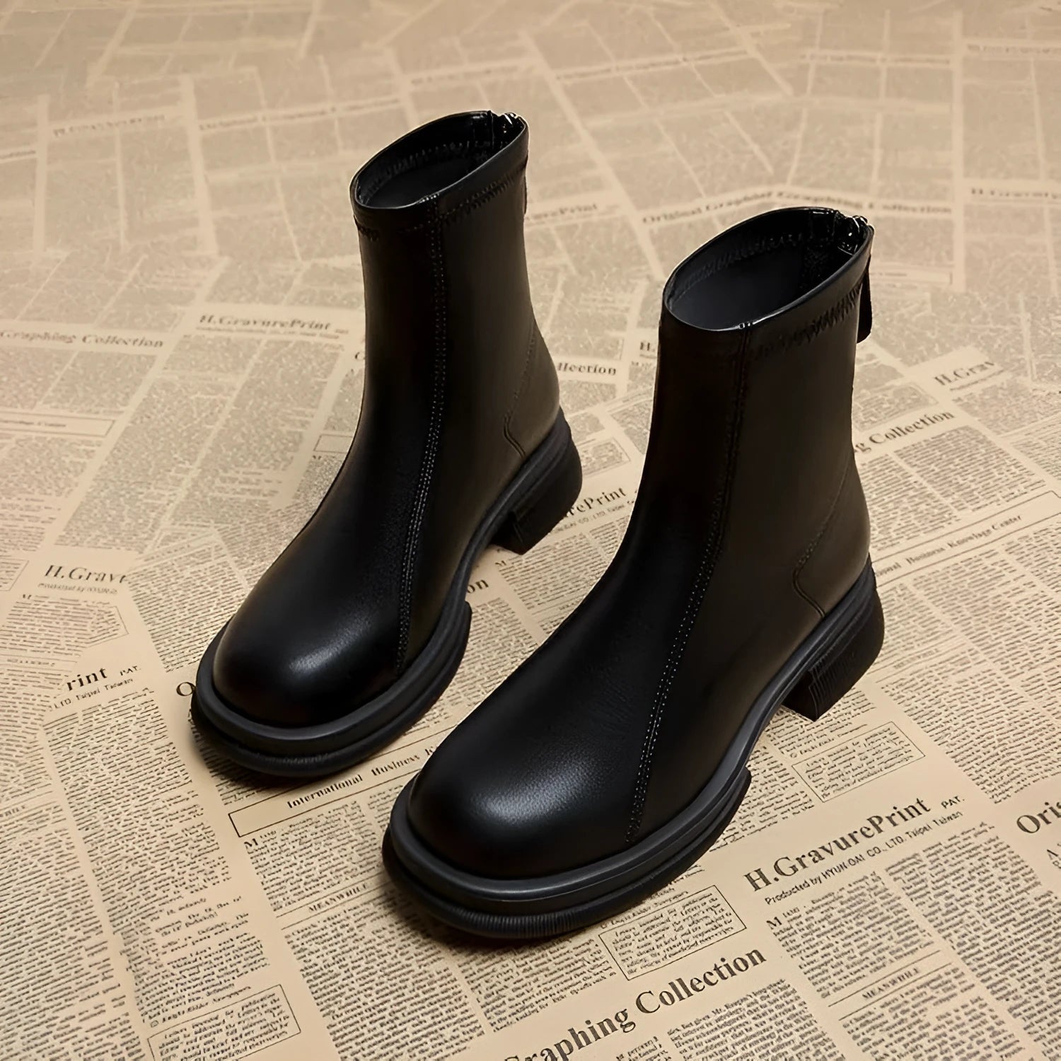 Women's black ankle boots with thick flat heel and back zipper, round toe design