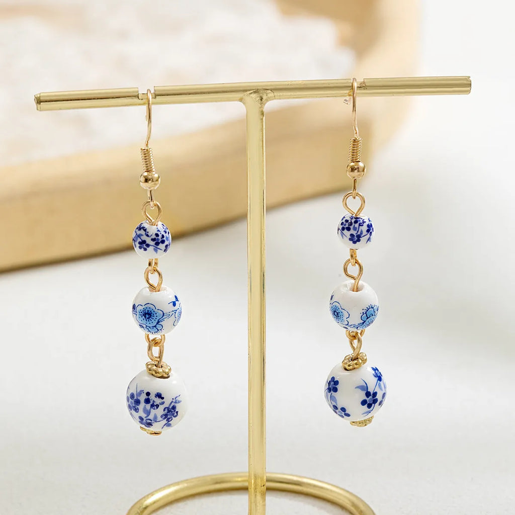 Blue and white porcelain ceramic bead long retro drop earrings on alloy hook