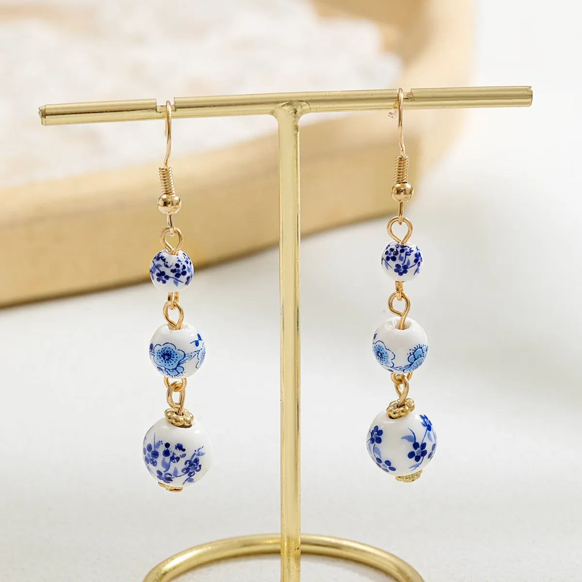 Blue and white porcelain ceramic bead long retro drop earrings on alloy hook