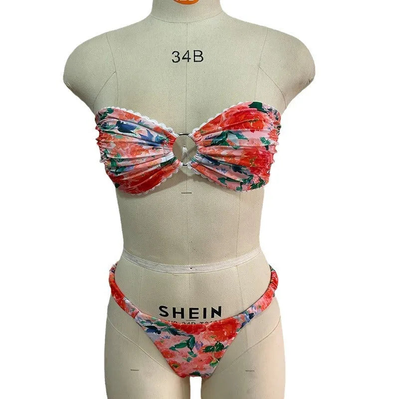 Floral printed tube top bikini set with matching briefs in blue colour option