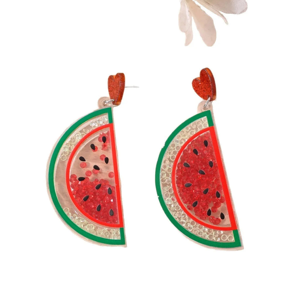 Acrylic drop earrings with fruit and dessert motifs including cherry, strawberry, watermelon, pineapple, coconut, cake, and ice cream, in pastoral style for women