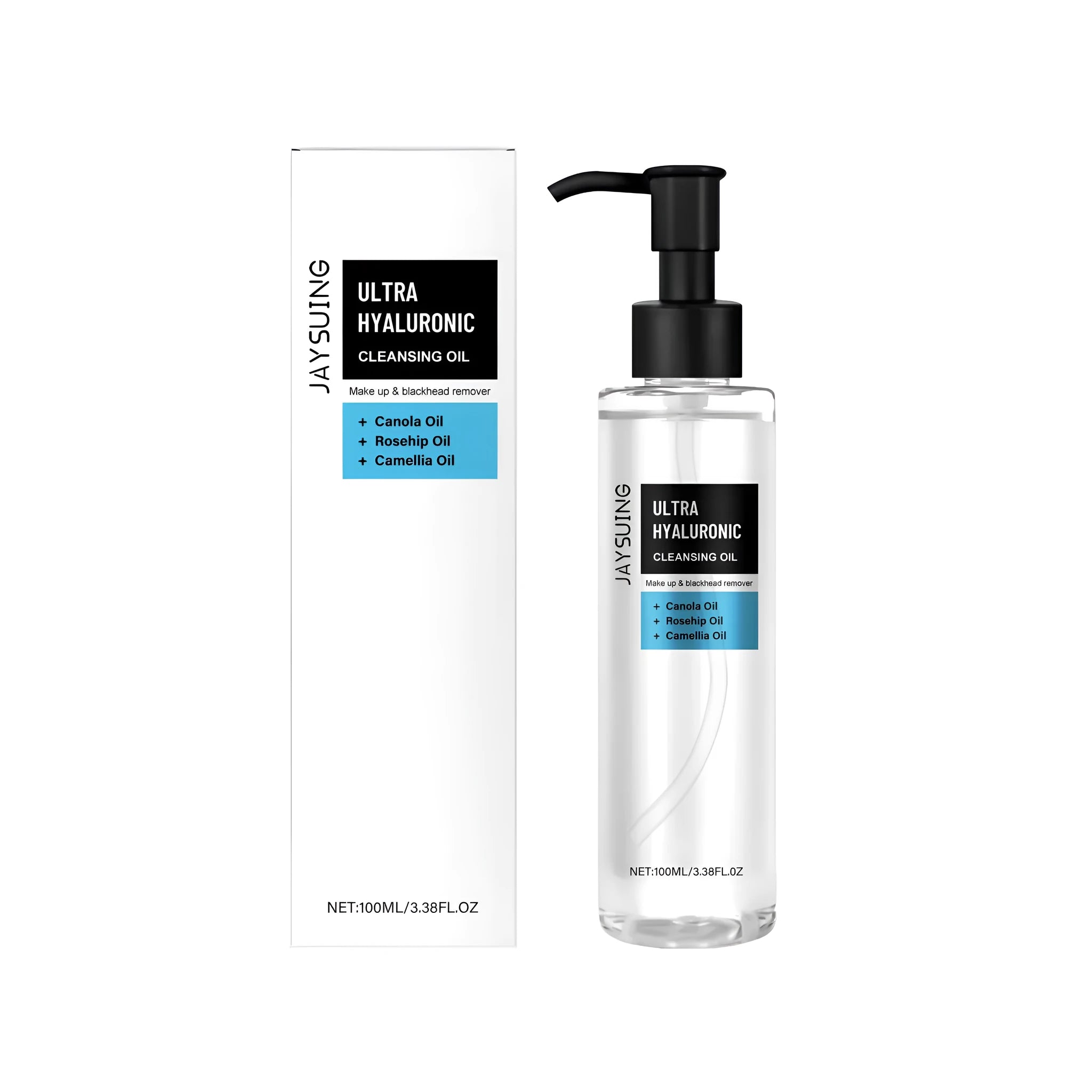 Hyaluronic acid makeup remover oil in a 100ml bottle with rose hip and camellia seed oil