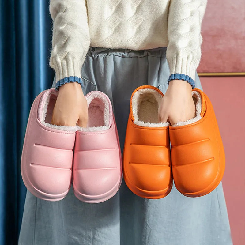 Women's waterproof EVA winter house slippers in multiple colours with plush lining and non-slip sole.