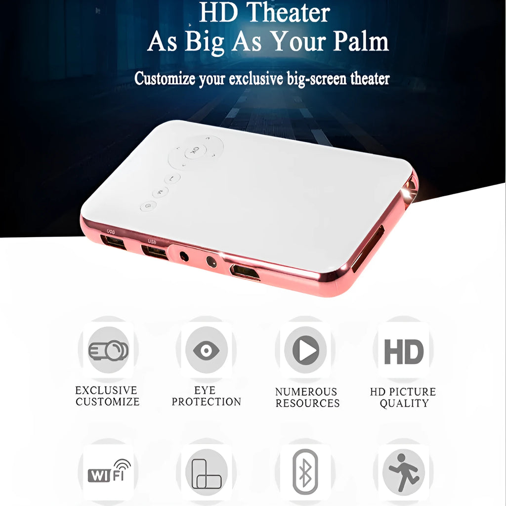 M6S miniature portable smart DLP Android projector in white rose gold showing compact dimensions