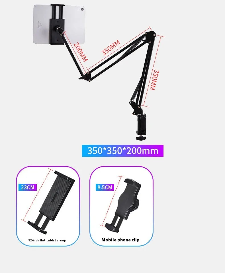 Black foldable metal desktop cantilever bracket holding a tablet, showing its adjustable arms and clamp.