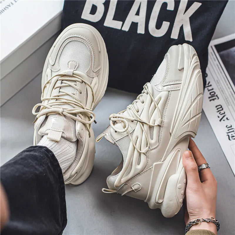 Men's breathable mesh surface sneaker with PU leather trim, low top platform, round toe, lace-up, black colour