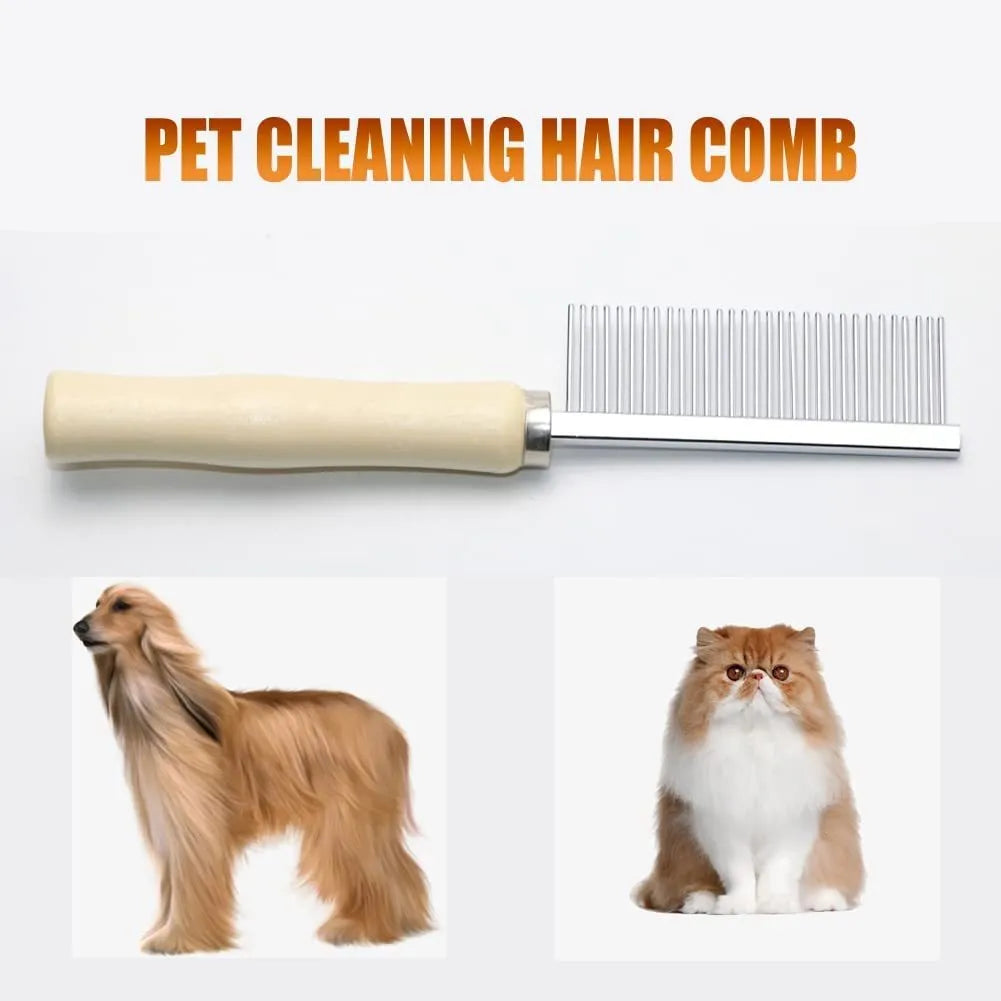 Wooden handle pet grooming comb for dogs and cats, showing rounded teeth.